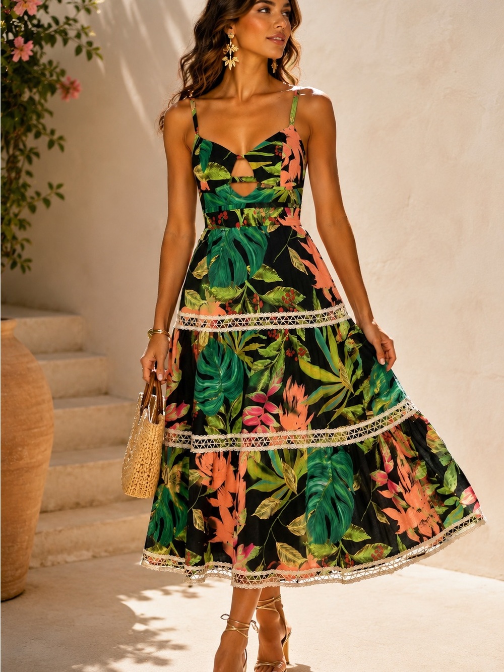 NWT PatBO Tropicalia Jute Trim Midi Dress Cutout Resort $695 Size 4